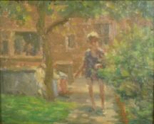 Oil on board, modern British, boy on a path, unsigned with indistinct inscription and signature to