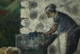 Oil on canvas, expressionist study of a woman washing clothes in a trough, unsigned. H.50 W.52cm.