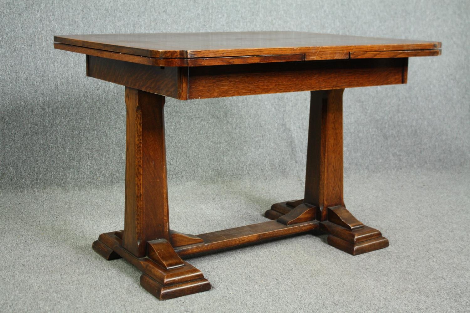 Dining table, mid century oak, draw leaf action. H.76 W.172. (ext) D.91cm. (In need of repair). - Image 3 of 9