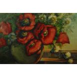 Oil on board, early 20th century still life flowers, signed R A Brugger. H.57 W.64cm.