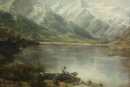 Oil on panel, 19th century Continental School lakescape with mountains in the distance, indistinctly