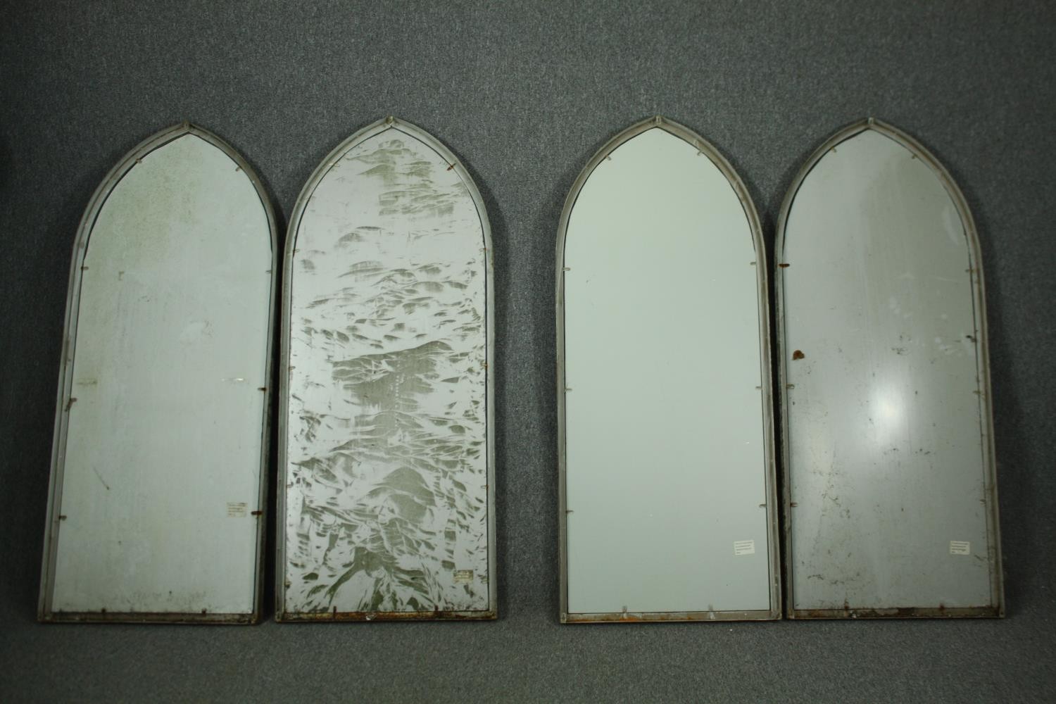 A set of four distressed metal frame Gothic arch garden windows. H.158 W.66cm. (Cracks to each). - Image 10 of 10