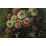 Oil on board, early 20th century still life flowers, signed R A Brugger. H.57 W.71cm.