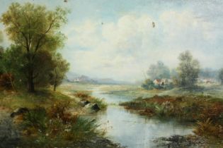 Oil on canvas, 19th century English School riverscape, signed R Lambert. H.37 W.69cm.