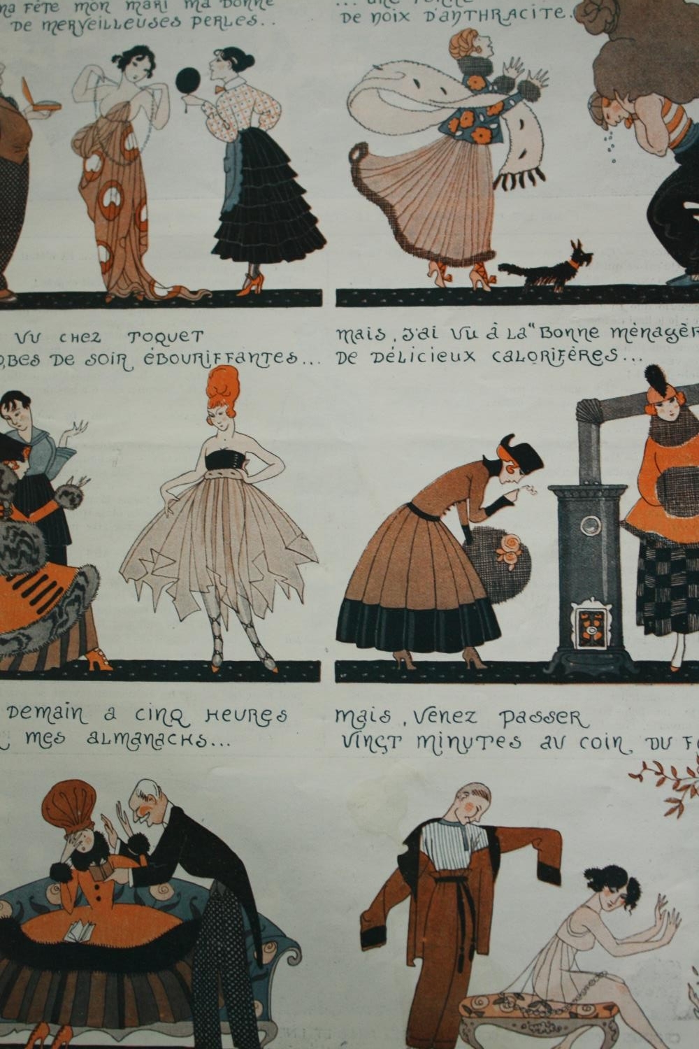 A set of three French Art Deco fashion prints in the form of a comic strip. H.51 W.33cm. (each) - Image 3 of 7