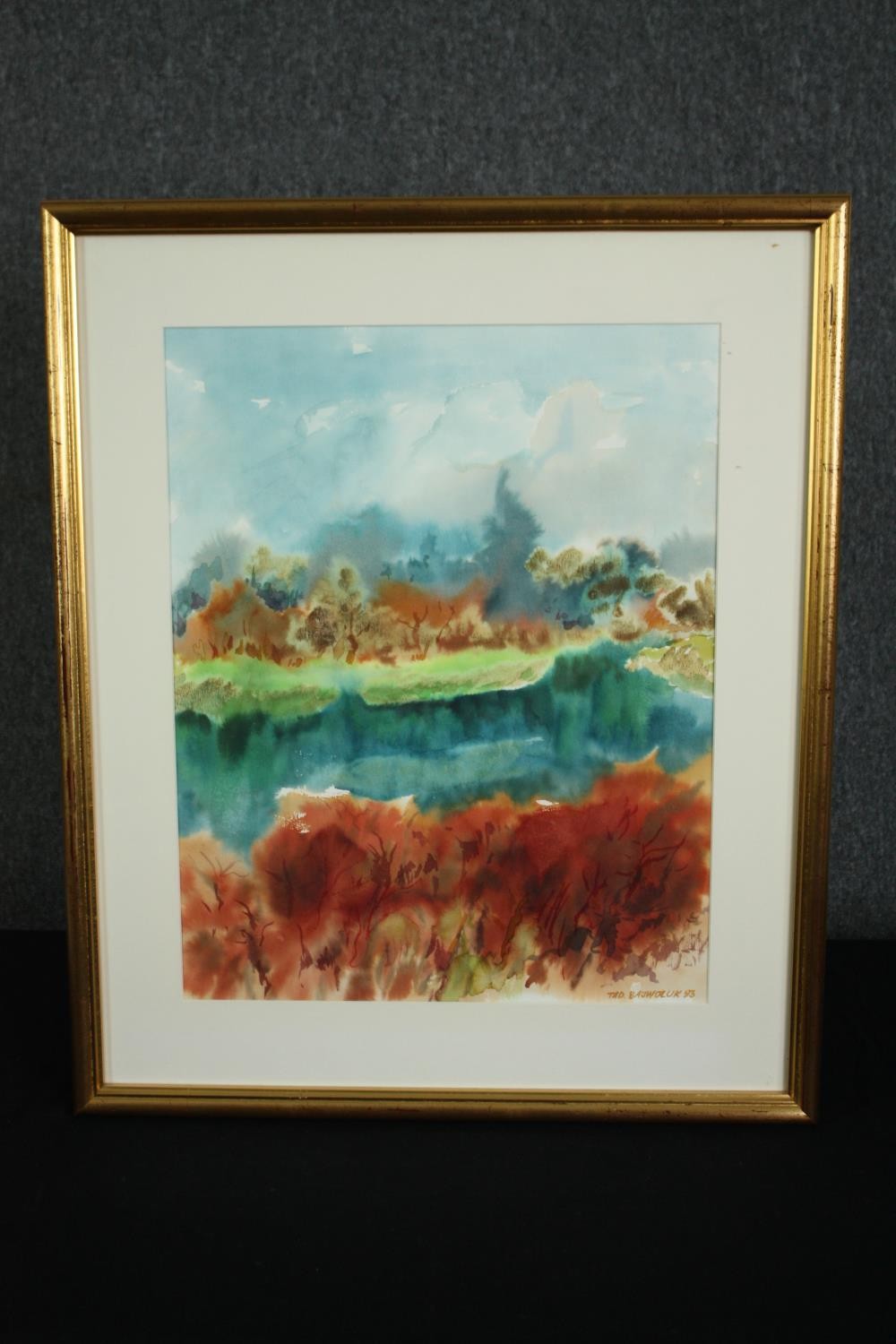 A framed and glazed watercolour, Impressionist style lake in a wooded area, signed and dated Tadeusz - Image 2 of 4