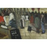 Oil on board, Modern British; fish market, signed E Rose to the reverse with exhibition label. H.