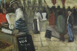 Oil on board, Modern British; fish market, signed E Rose to the reverse with exhibition label. H.