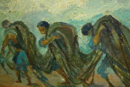 Oil on canvas, Expressionist study, men hauling nets with children walking alongside. H.44 W.53cm.