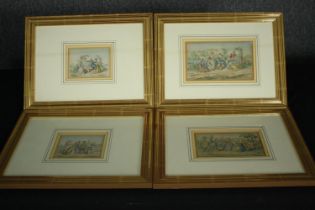 A set of four 19th century hand coloured engravings. Framed and glazed. H.29 W.39cm. (each)