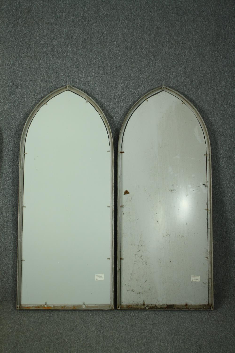 A set of four distressed metal frame Gothic arch garden windows. H.158 W.66cm. (Cracks to each). - Image 9 of 10