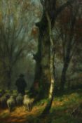 Oil on canvas, a shepherd on a path, gilt framed. H.41 W.31cm.