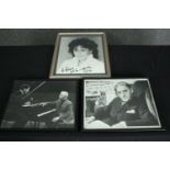 Three framed photographs including signed John Barbirolli and Kiri Te Kanawa. H.31 W.25cm. (largest)