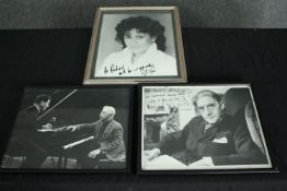 Three framed photographs including signed John Barbirolli and Kiri Te Kanawa. H.31 W.25cm. (largest)
