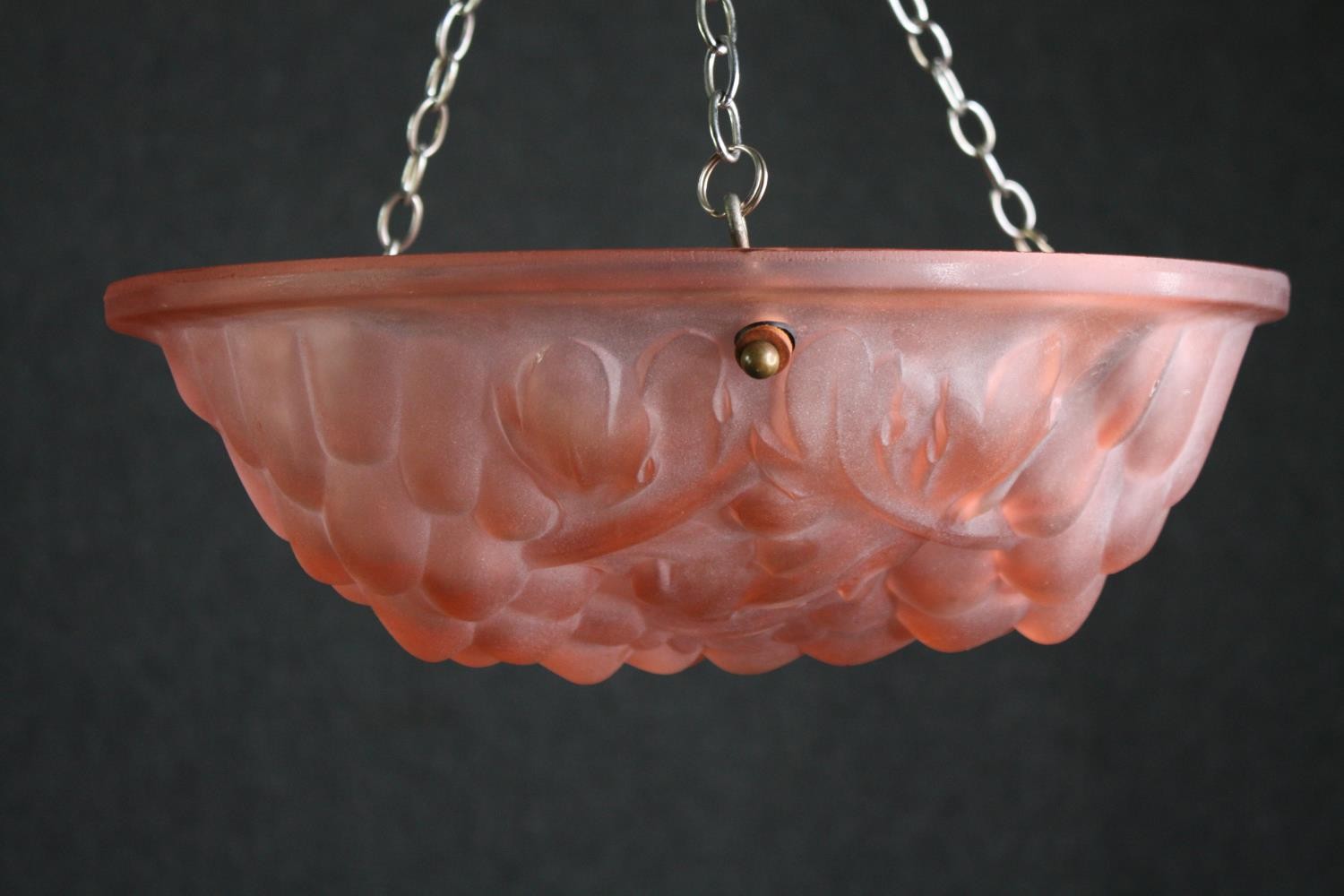 An Art Deco moulded glass hanging light shade. Dia.35cm. - Image 4 of 6