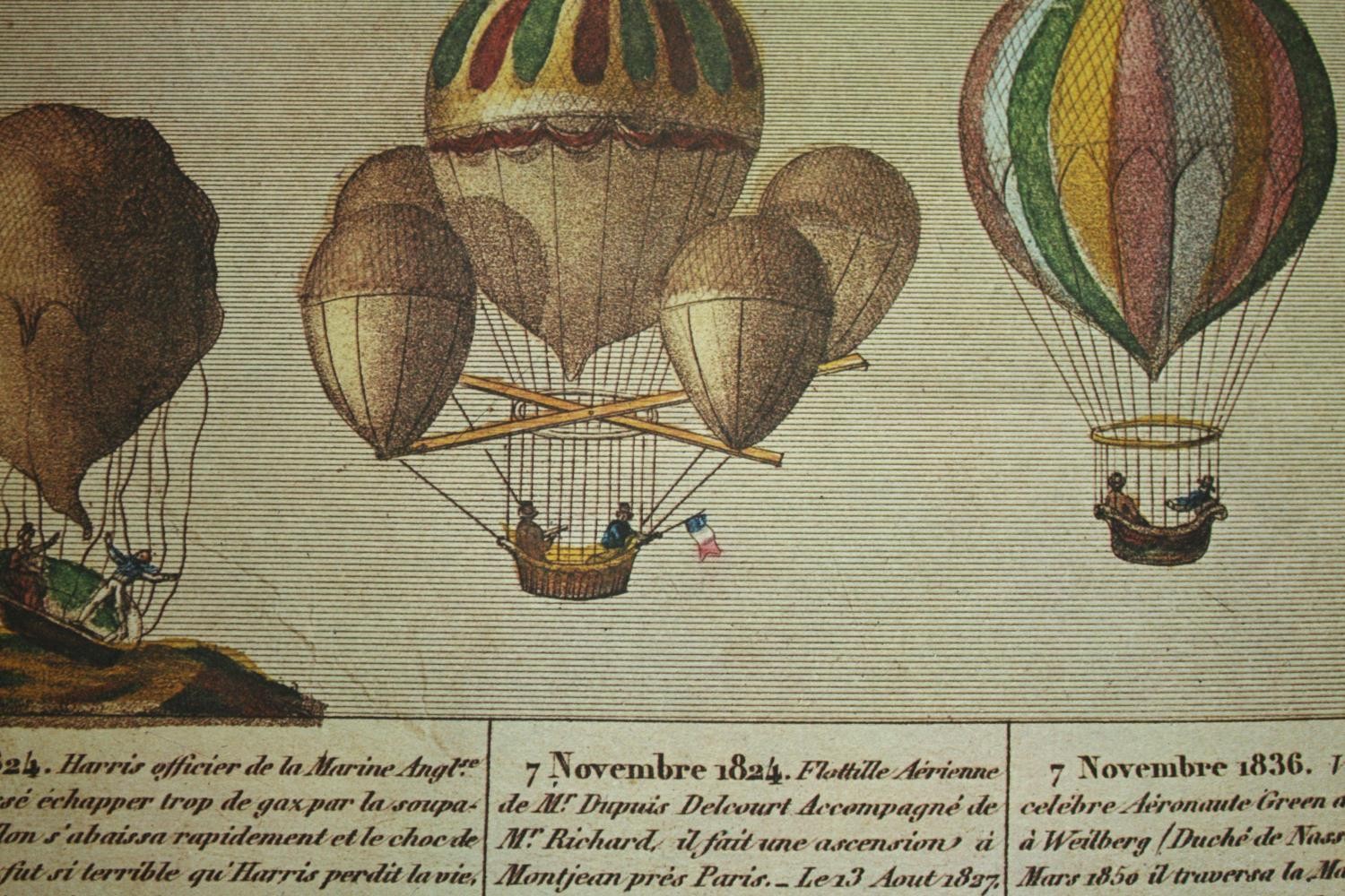 Three 19th century hand coloured engravings, Henri Fabre, Roland Garros and early ballooning. H.32 - Image 7 of 7