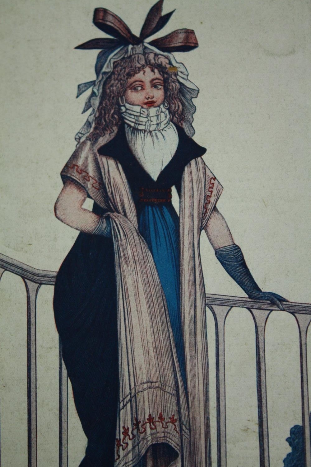 A set of three 19th century hand coloured engravings, French fashion. H.52 W.33cm. (each) - Image 6 of 7