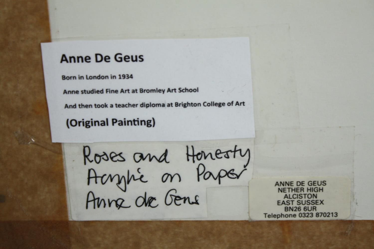 A glazed and framed acrylic on paper, flower study, initialled and signed Anne de Geus and inscribed - Image 5 of 5