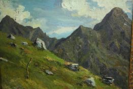 Oil on panel, a mountainous landscape, signed Sola. H.33 W.43cm.