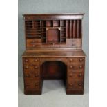 Desk, 19th century flame mahogany in three parts with upper stationery section. H.155 W.122 D.77cm.