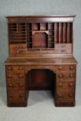 Desk, 19th century flame mahogany in three parts with upper stationery section. H.155 W.122 D.77cm.