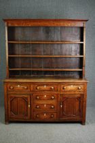 Dresser, Georgian oak and mahogany inlaid, H.200 W.159 D.47cm. (In two parts).