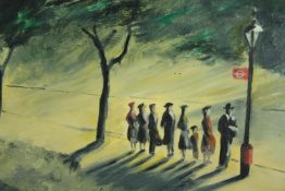 Oil on board, a queue at a bus stop. Unsigned. H.46 W.85cm.