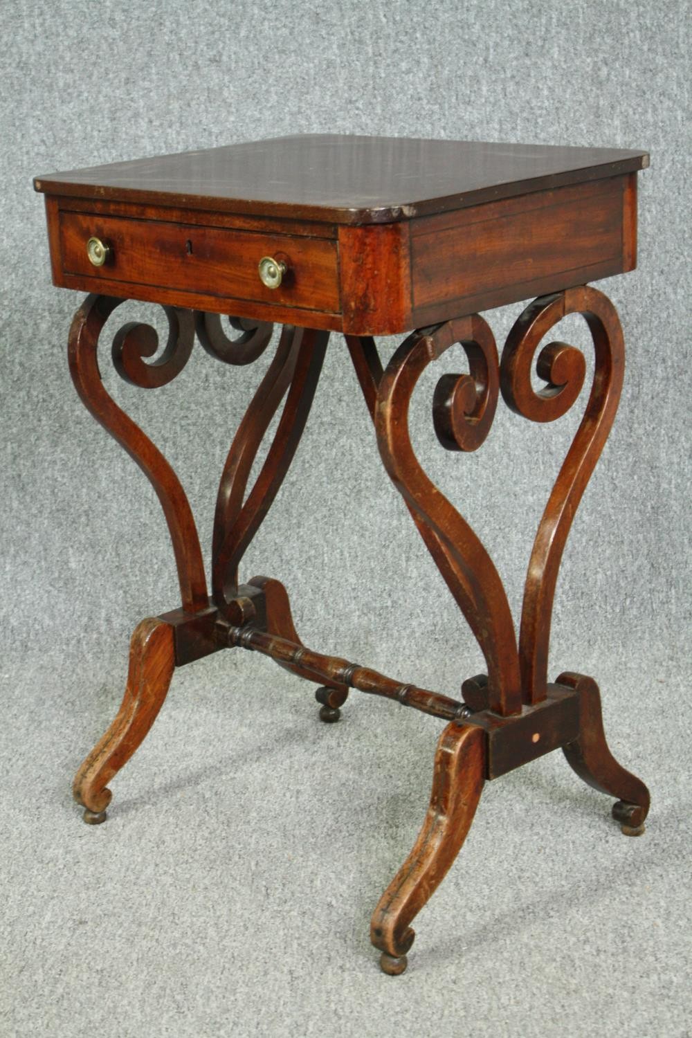 Lamp table, mid century mahogany on lyre supports. H.74 W.53 D.41cm. - Image 3 of 6