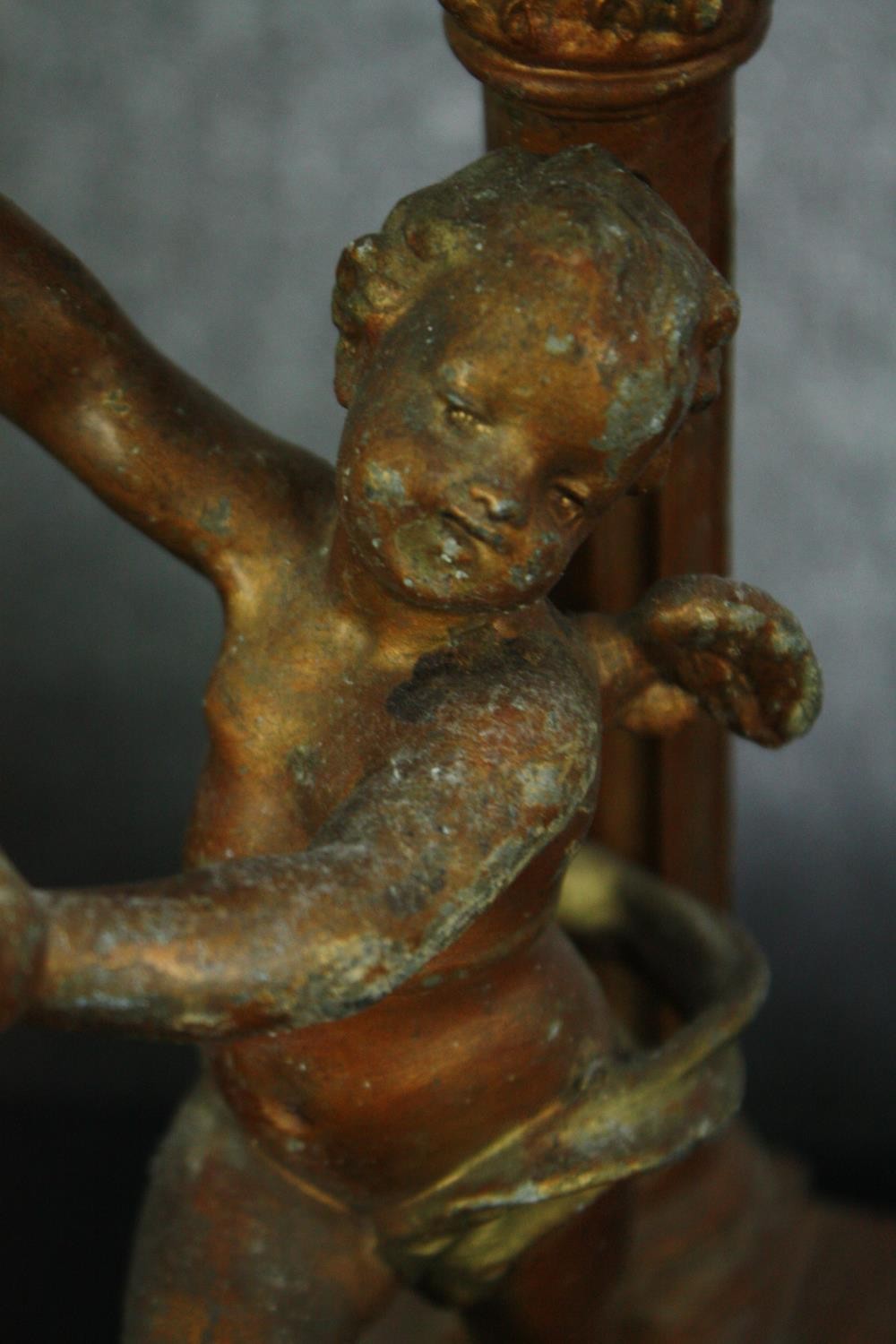 Table lamp, late 19th century gilt metal with figural cherub and Corinthian column support with - Image 5 of 5
