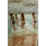 A framed and glazed pastel study of bathers in the sea, titled Skitter Scatter, indistinctly signed.