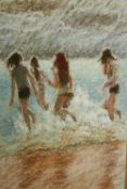 A framed and glazed pastel study of bathers in the sea, titled Skitter Scatter, indistinctly signed.
