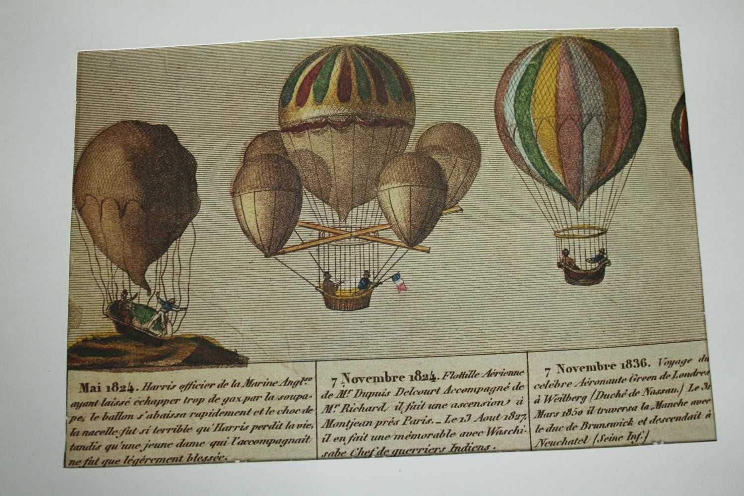 Three 19th century hand coloured engravings, Henri Fabre, Roland Garros and early ballooning. H.32 - Image 6 of 7