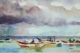 A framed ang glazed watercolour, boats in an estuary, signed and dated Hinkson. H.41 W.46cm.