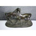 After Pierre-Jules Mene, an early 20th century bronze figure group, horses, signed to base. H.30 W.