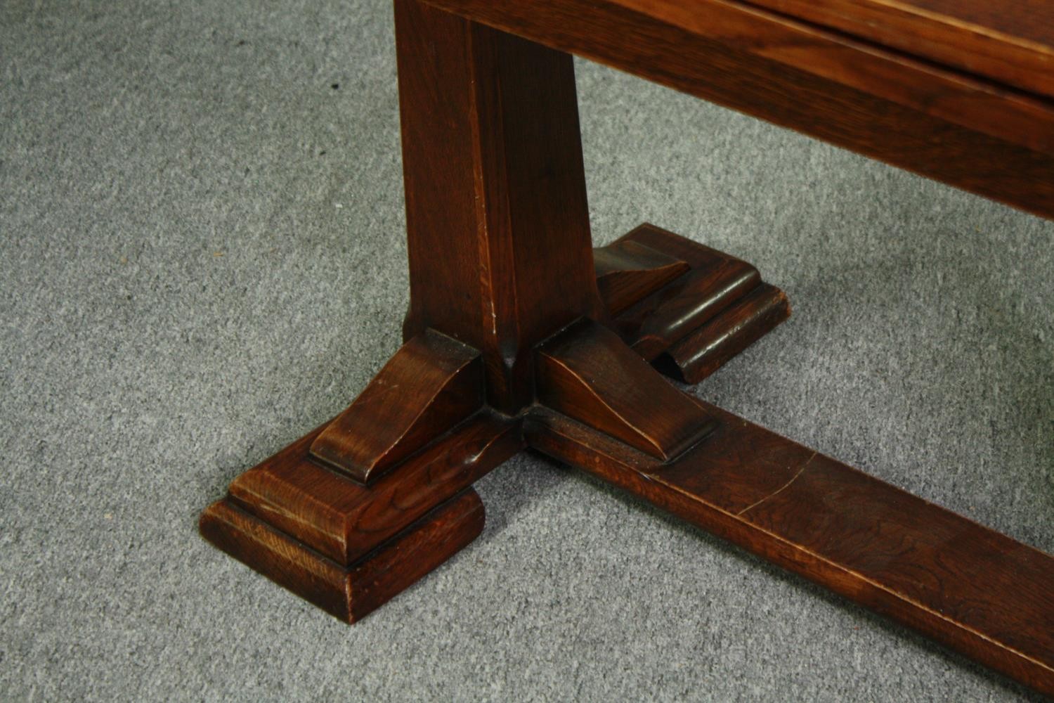 Dining table, mid century oak, draw leaf action. H.76 W.172. (ext) D.91cm. (In need of repair). - Image 7 of 9