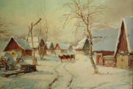 Oil on canvas, Continental School village scene in winter, indistinctly signed. H.46 W.51cm.