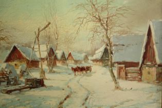 Oil on canvas, Continental School village scene in winter, indistinctly signed. H.46 W.51cm.