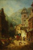 Oil on panel, Continental town scene with carriage and figures, unsigned, gilt framed. H.43 W.35cm.
