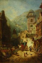 Oil on panel, Continental town scene with carriage and figures, unsigned, gilt framed. H.43 W.35cm.