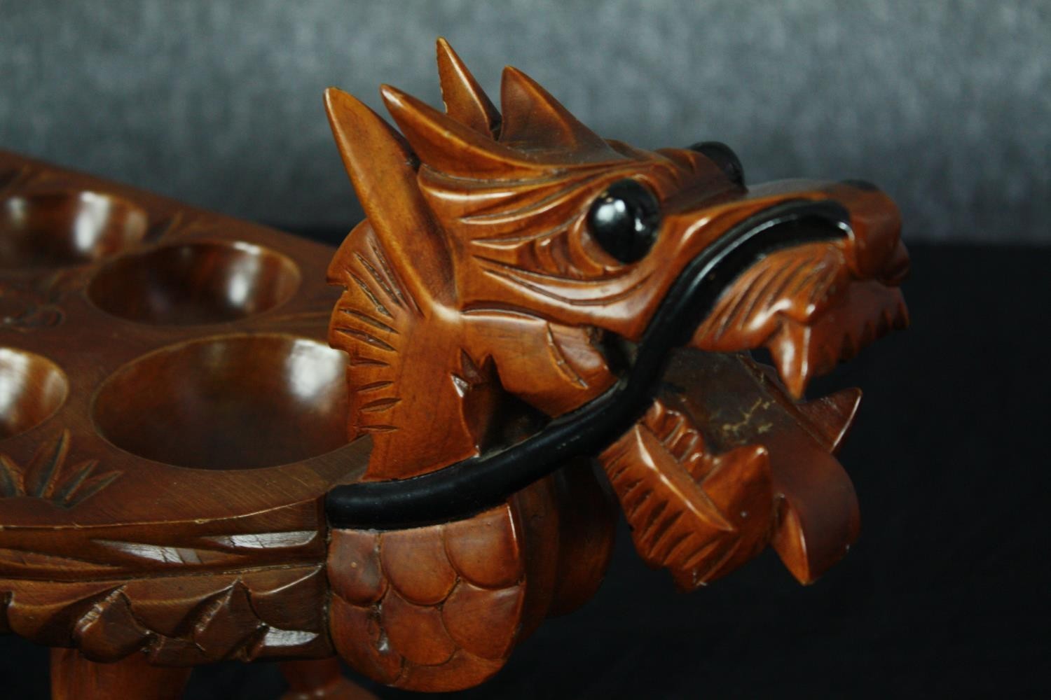 A hardwood decorative Mancala board game in the shape of a dragon. With carved decoration and - Image 4 of 5