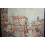 Oil on canvas, Parisian street scene, indistinctly signed. H.51 W.61cm.