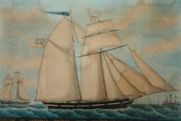 Watercolour, 19th century framed and glazed, the schooner Eleemosyna in full sail, labels to the