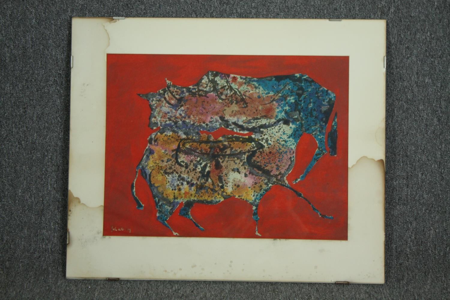 Laszlo Sari Schalk, watercolour, abstract study of two bulls, signed and dated. H.65 W.78cm. - Image 2 of 4