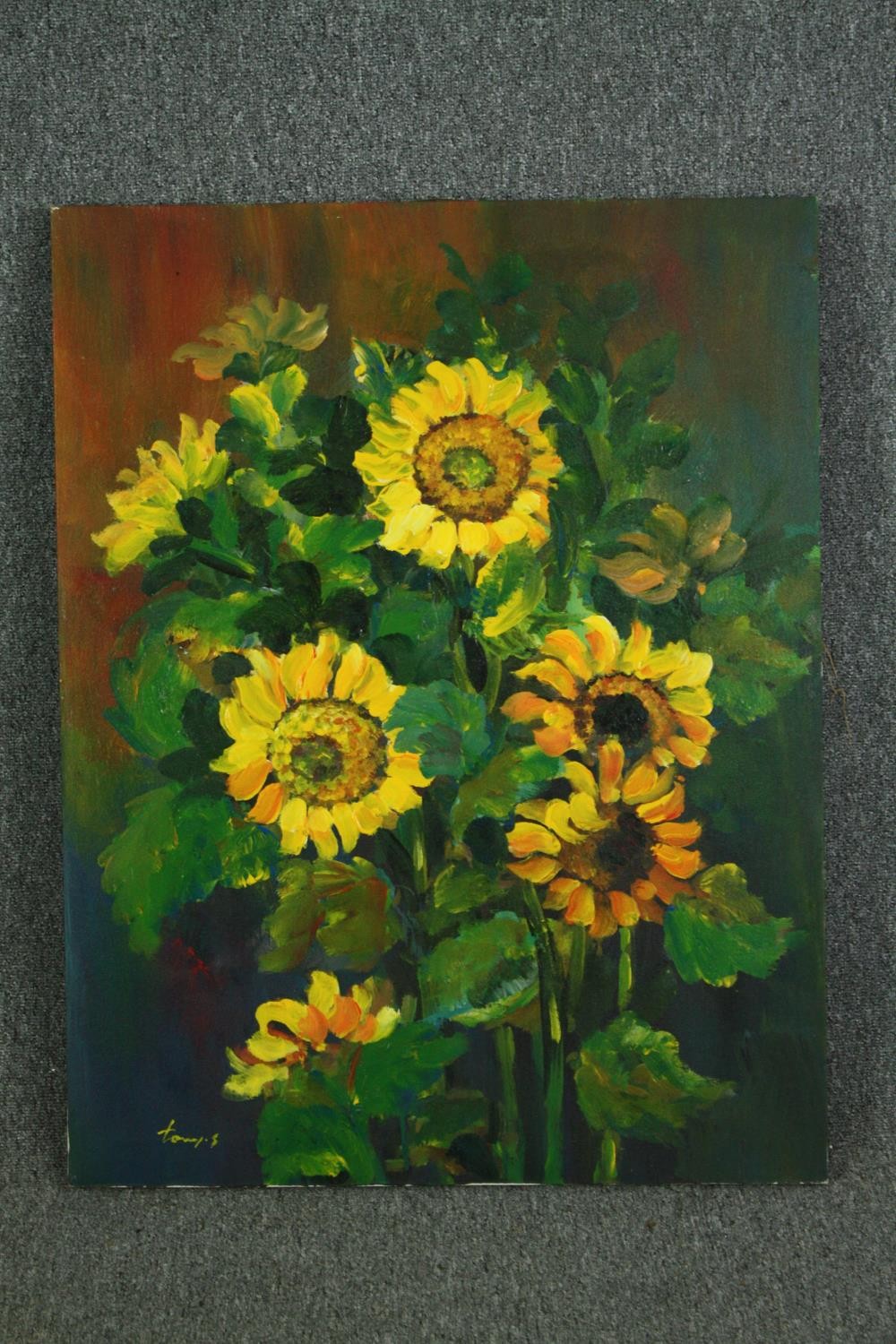 Oil on canvas, sunflowers, unsigned. H.91 W.70cm. - Image 2 of 4