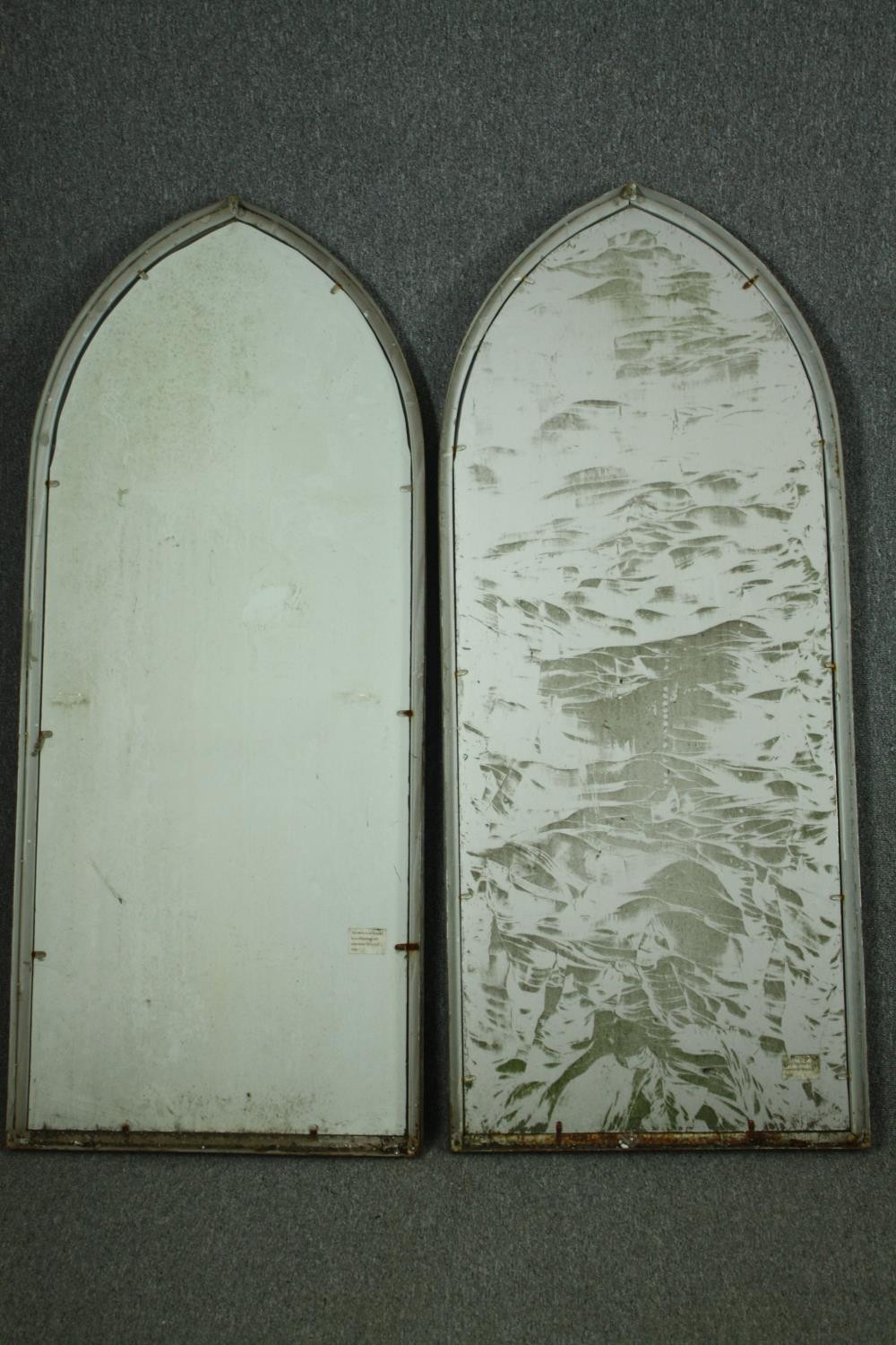 A set of four distressed metal frame Gothic arch garden windows. H.158 W.66cm. (Cracks to each). - Image 8 of 10