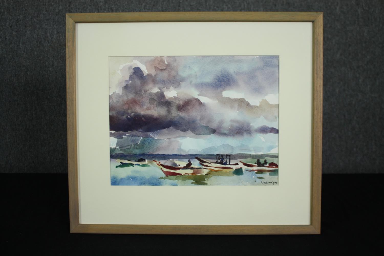 A framed ang glazed watercolour, boats in an estuary, signed and dated Hinkson. H.41 W.46cm. - Image 2 of 5