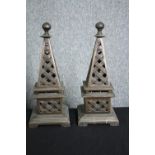 A pair of brass obelisks with basket weave design. H.39cm. (each)