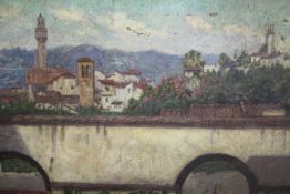Oil on canvas, Italian town across a viaduct, unsigned. H.43 W.66cm.