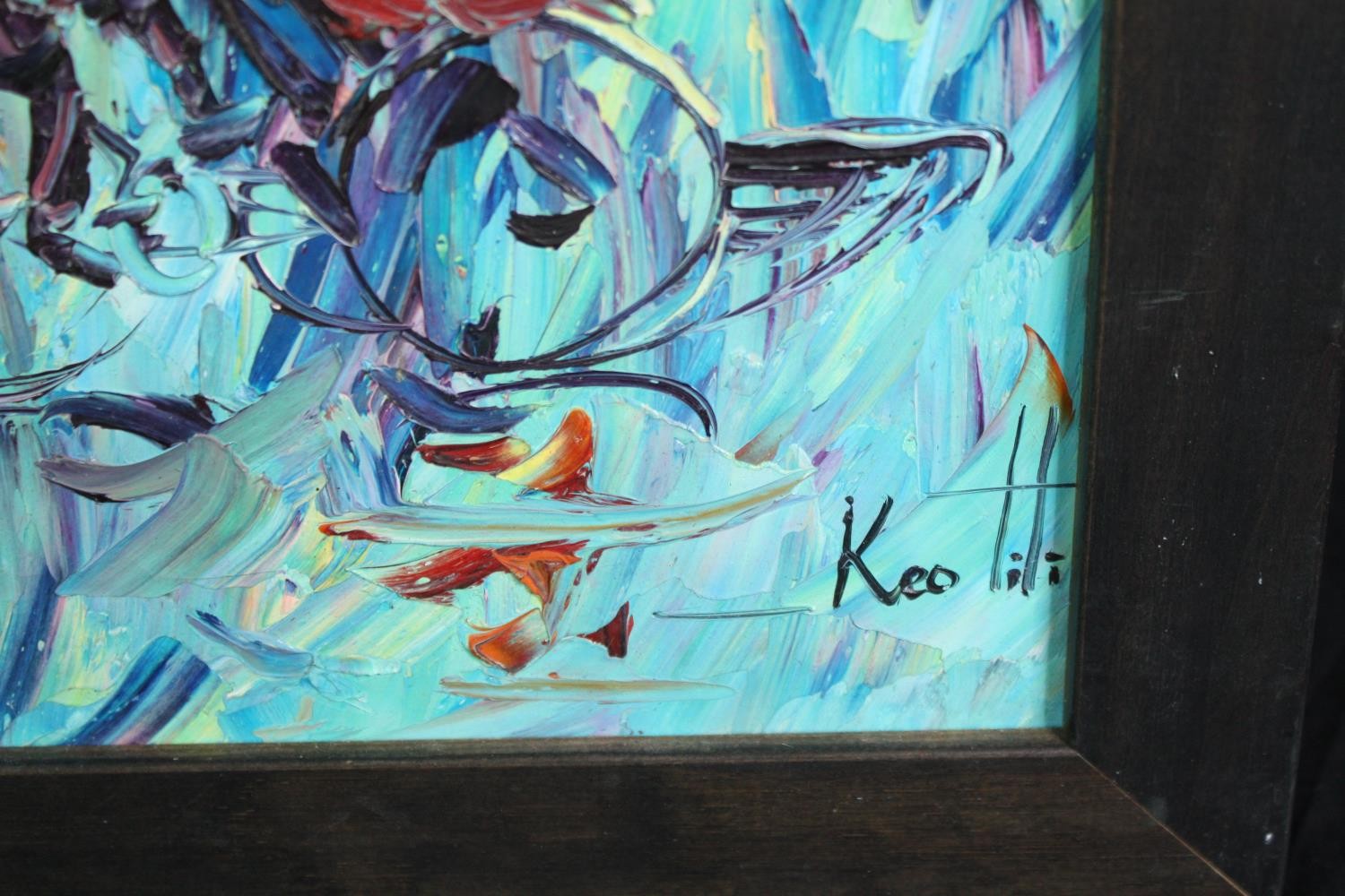 Acrylic on canvas, a tuk tuk cycle in a busy street, framed and signed Keo Titia. H.55 W.44cm. - Image 3 of 4