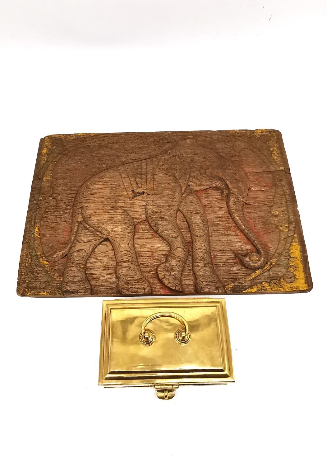 A 19th Century Indian brass lockable spice box and craved hardwood elephant design panel. L.16 D. - Image 2 of 12